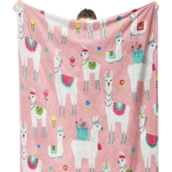 Cartoon Llama Alpaca Pink Flannel Blanket Soft Plush Throw Animals Girls Bedroom - Picture 2 of 4